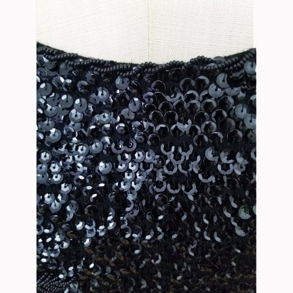 Vtg 60s Black Wool Sequined Hand Beaded Top M - Picture 2 of 10